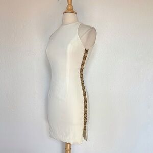 Vintage Ivory Silk Blend Sleeveless Dress with sheer Beaded Elegant Side Detail